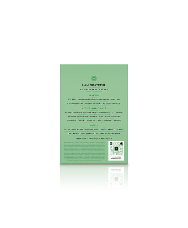 Back view of Green Jade Eye Mask | KNESKO packaging highlighting benefits like calming, hydrating, anti-inflammatory properties, and natural active ingredients for skincare wellness.
