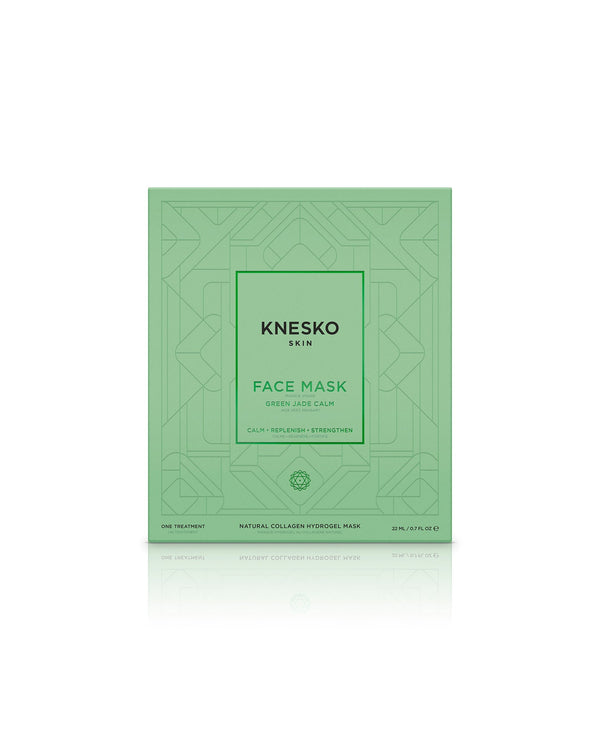 Green packaging of Green Jade Calm Face Mask | KNESKO, a natural collagen hydrogel skincare product designed to calm, replenish, and strengthen skin.