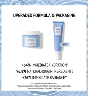Two light blue skincare containers showcasing the Hydramemory Light Sorbet Cream | [ comfort zone ] with text highlighting upgraded formula and packaging, increased hydration, natural-origin ingredients, and immediate radiance benefits.