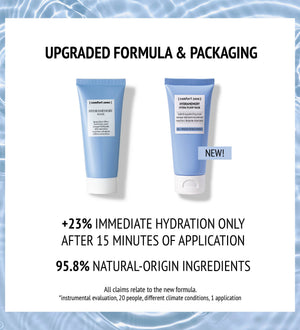 Comparison of two blue skincare tubes highlighting upgraded formula and packaging of Hydramemory Hydra Plump Mask | [ comfort zone ], emphasizing hydration boost and natural-origin ingredients.