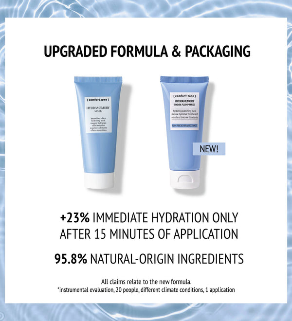 Comparison of two blue skincare tubes highlighting upgraded formula and packaging of Hydramemory Hydra Plump Mask | [ comfort zone ], emphasizing hydration boost and natural-origin ingredients.