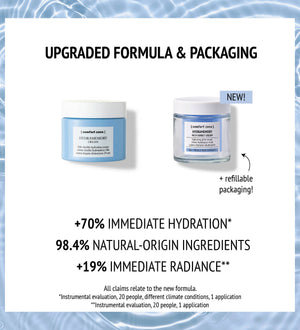 Comparison of original and new Hydramemory Rich Sorbet Cream | [ comfort zone ] packaging showcasing upgraded formula with refillable container and hydration benefits.
