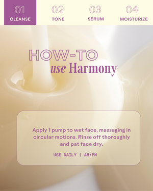 Close-up of creamy cleanser texture with instructions to apply one pump to wet face, massage in circular motions, rinse thoroughly, and pat dry, featuring Harmony Cucumber + Kombucha Microbiome Milky Balancing Cleanser | Three Ships.