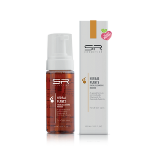 Herbal Cleansing Mousse | SR Cosmetics facial cleansing mousse in a transparent pump bottle with herbal extracts, next to its white product box, skincare for all skin types.
