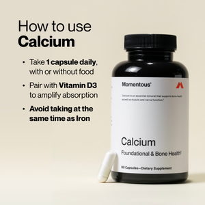 Calcium dietary supplement bottle with one capsule beside it and instructions to take one capsule daily pair with vitamin D3 and avoid taking it with iron