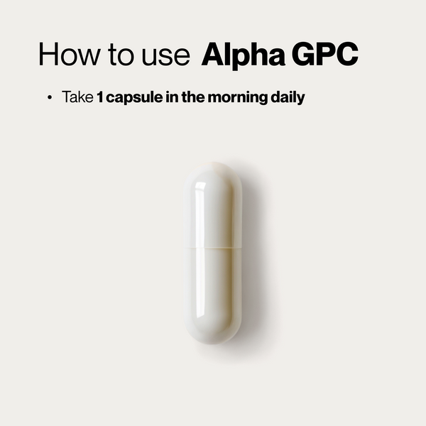 Alpha GPC capsule with instructions reading How to use Alpha GPC and Take 1 capsule in the morning daily on a light background