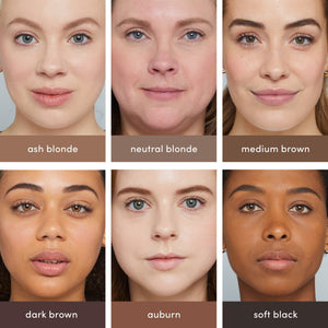 Six close-up portraits of diverse women showing natural eyebrow styles corresponding to ash blonde, neutral blonde, medium brown, dark brown, auburn, and soft black shades using PureBrow Brow Powder | Jane Iredale.