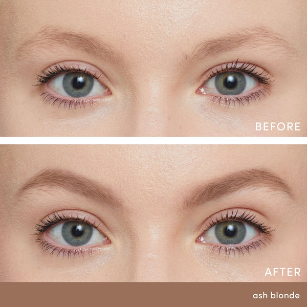 Close-up comparison of a person's eyes before and after using PureBrow Brow Powder | Jane Iredale in ash blonde, showing fuller and more defined eyebrows in the after image.