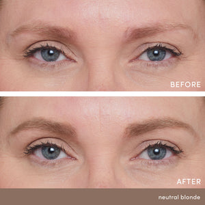 Close-up comparison of a woman's eyes and eyebrows before and after using PureBrow Brow Powder | Jane Iredale in neutral blonde, showing fuller, more defined brows in the after image.
