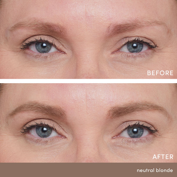 Close-up comparison of a woman's eyes and eyebrows before and after using PureBrow Brow Powder | Jane Iredale in neutral blonde, showing fuller, more defined brows in the after image.