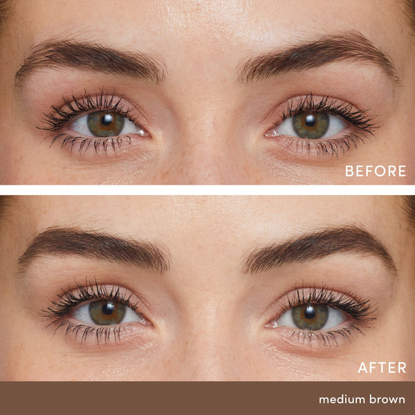 Close-up comparison of a woman's eyes and eyebrows before and after using PureBrow Brow Powder | Jane Iredale in medium brown, showing fuller, well-defined brows and enhanced eye appearance.