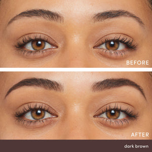 Close-up comparison of eyebrows before and after application showing fuller, well-defined dark brown brows using PureBrow Brow Powder | Jane Iredale.