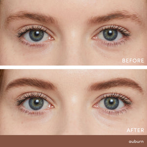 Close-up of a woman's blue eyes showing before and after application of PureBrow Brow Powder | Jane Iredale in auburn, enhancing the fullness and definition of her eyebrows.