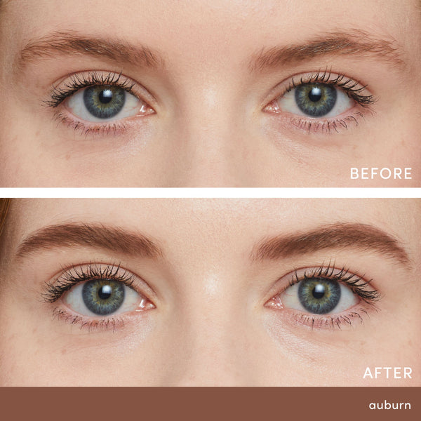 Close-up of a woman's blue eyes showing before and after application of PureBrow Brow Powder | Jane Iredale in auburn, enhancing the fullness and definition of her eyebrows.
