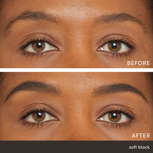 Close-up comparison of a woman's eyes showing natural eyebrows and enhanced eyebrows filled in with PureBrow Brow Powder | Jane Iredale in soft black for a fuller, defined look.