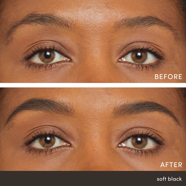 Close-up comparison of a woman's eyes showing natural eyebrows and enhanced eyebrows filled in with PureBrow Brow Powder | Jane Iredale in soft black for a fuller, defined look.