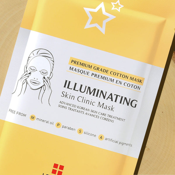 Packaging of the Illuminating Skin Clinic Mask | Leaders showing premium grade cotton mask with advanced Korean skincare treatment, free from mineral oil, paraben, silicone, and artificial pigments.