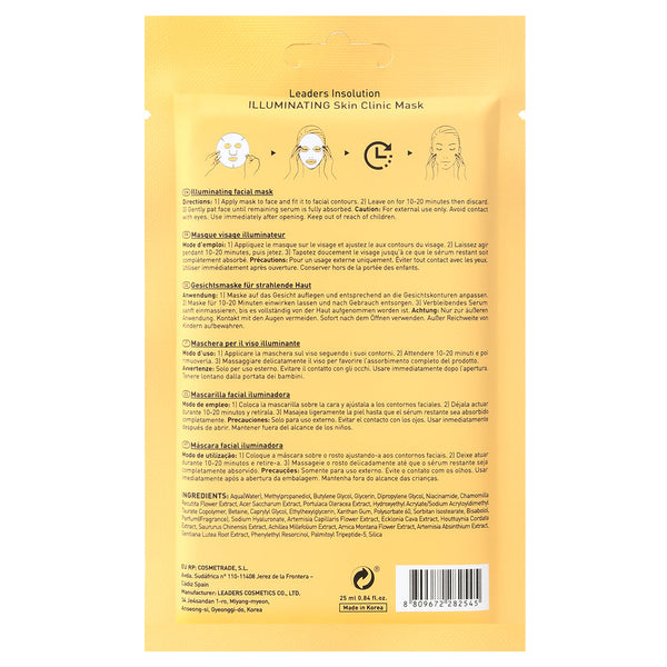 Back view of a yellow package containing the Illuminating Skin Clinic Mask | Leaders, highlighting skincare instructions and ingredients for facial treatment.