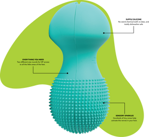 Close-up of the Neuro Roller | RAD, a turquoise wellness device with smooth and textured sections designed for foot nerve activation and recovery.