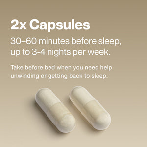 Two white capsules on a beige background with instructions for taking Inositol 30 to 60 minutes before sleep, up to three to four nights per week for relaxation and sleep support.