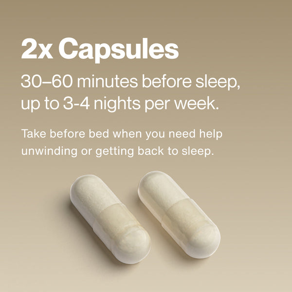 Two white capsules on a beige background with instructions for taking Inositol 30 to 60 minutes before sleep, up to three to four nights per week for relaxation and sleep support.