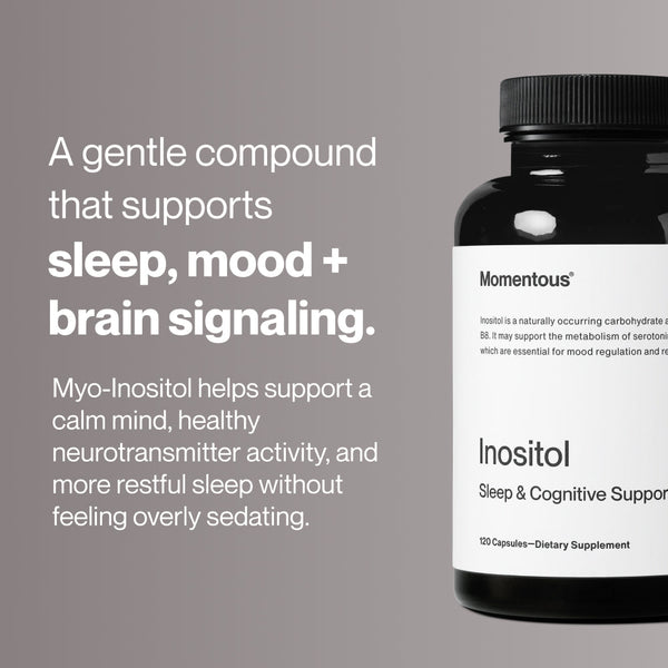 Inositol wellness supplement bottle with messaging about supporting sleep mood brain signaling neurotransmitter activity and restful sleep