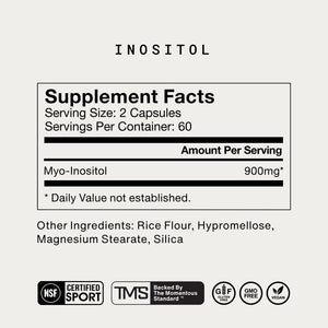 Supplement facts label showing Myo-Inositol 900mg per serving with other ingredients listed and certification icons for the Complete Sleep Stack wellness supplement.