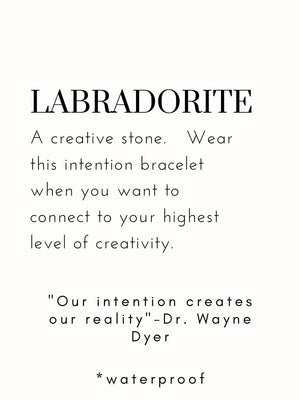 Text card describing labradorite as a creative stone and recommending wearing the Creativity Intention Bracelet | Meghan Bo to connect with creativity, including a quote by Dr. Wayne Dyer and note that the bracelet is waterproof.