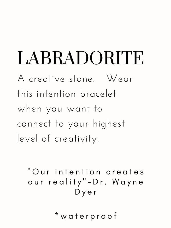 Text card describing labradorite as a creative stone and recommending wearing the Creativity Intention Bracelet | Meghan Bo to connect with creativity, including a quote by Dr. Wayne Dyer and note that the bracelet is waterproof.