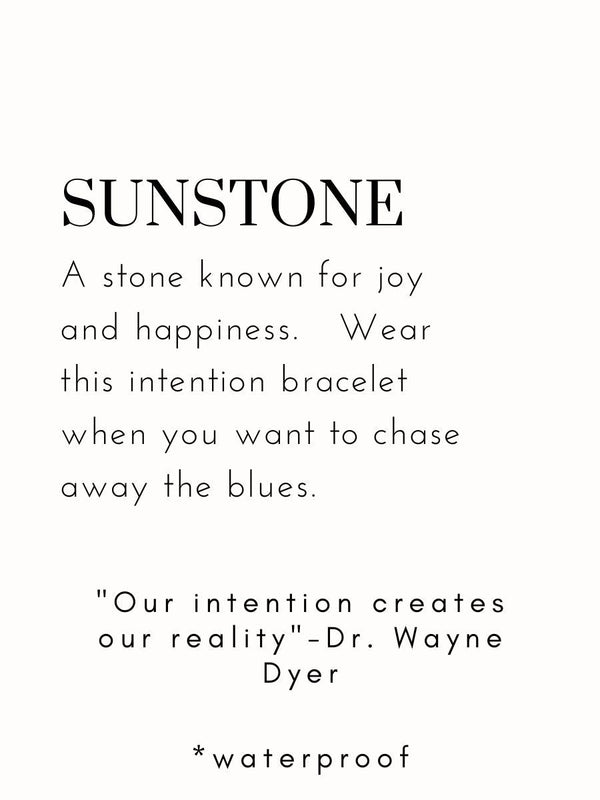 Close-up of a card describing Sunstone, a stone symbolizing joy and happiness, with a motivational quote and mention of the Joy Intention Bracelet | Meghan Bo as a wearable reminder to chase away the blues, waterproof included.