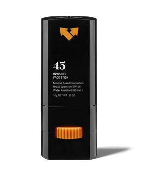 Invisible Sunscreen Face Stick SPF 45 | Vertra with mineral-based foundation, broad spectrum SPF 45, water resistant for 80 minutes, in sleek black and orange packaging for skincare and sun protection.