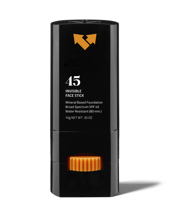 Invisible Sunscreen Face Stick SPF 45 | Vertra with mineral-based foundation, broad spectrum SPF 45, water resistant for 80 minutes, in sleek black and orange packaging for skincare and sun protection.