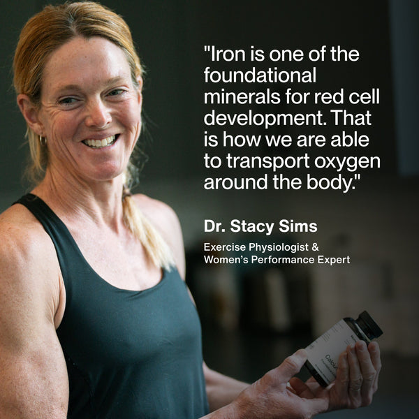 Iron+ wellness supplement held by a smiling woman beside a quote from Dr. Stacy Sims about red blood cell development and oxygen transport