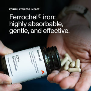 Iron+ bottle being opened with capsules in hand and visible text describing Ferrochel iron as highly absorbable gentle and effective