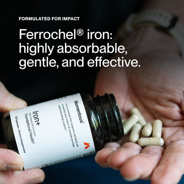Iron+ bottle being opened with capsules in hand and visible text describing Ferrochel iron as highly absorbable gentle and effective