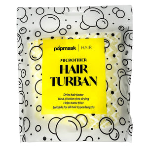 Clear packaging showing a yellow Microfiber Hair Turban | Popmask with text highlighting fast drying, frizz control, and suitability for all hair types and lengths.