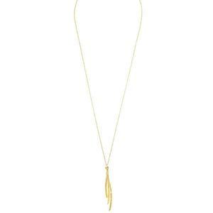 Delicate gold pendant necklace with three slender curved bars hanging from a fine chain, showcasing the elegant Kailani Necklace | Purpose Jewelry design.