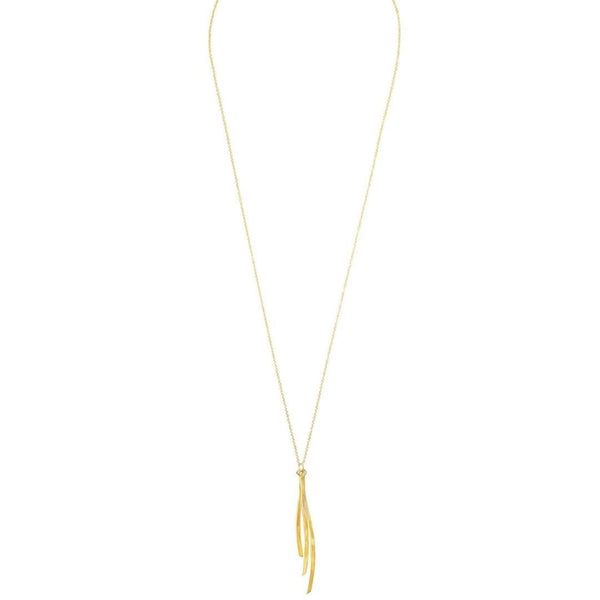 Delicate gold pendant necklace with three slender curved bars hanging from a fine chain, showcasing the elegant Kailani Necklace | Purpose Jewelry design.
