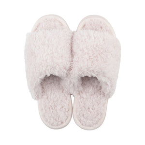 Pair of soft, plush slippers in pale lemon shade designed for comfort and relaxation, featuring an open-toe style with a fluffy texture, named Anywhere Berber Slide | Lemon.