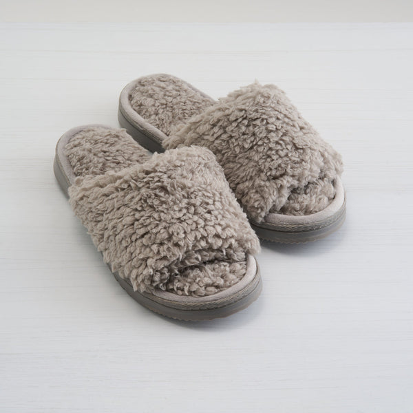 Anywhere Berber Slide | Lemon featuring soft, plush textured slides in a neutral beige tone designed for comfortable indoor wear and cozy relaxation.