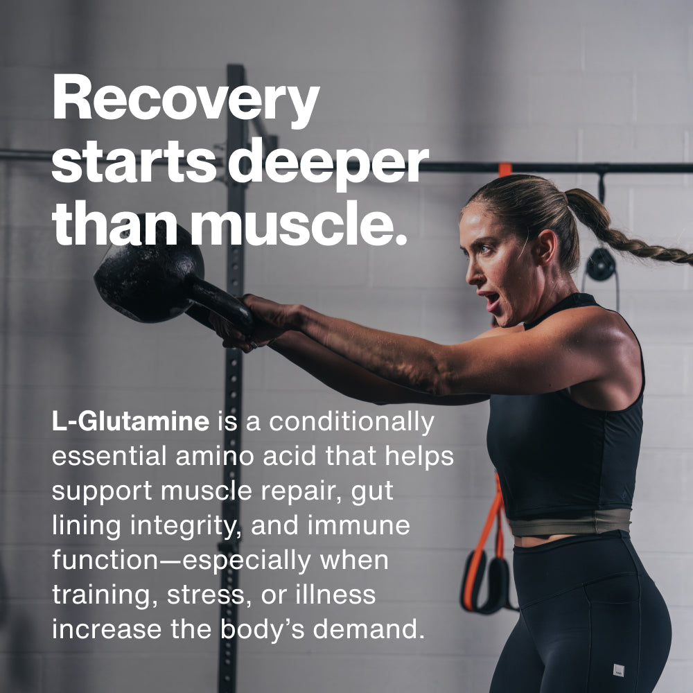 White container of L-Glutamine dietary supplement with minimalist label highlighting gut health and immune support benefits.