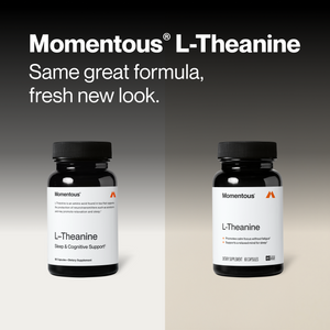 L-Theanine supplement shown in two bottles with the text Same great formula fresh new look and Sleep and Cognitive Support on the labels
