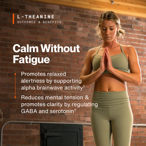 L-Theanine wellness supplement graphic showing a woman meditating with Calm Without Fatigue benefits for relaxation and mental clarity