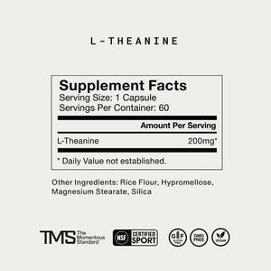 Supplement facts label for L-Theanine with 200mg per capsule, including rice flour and other ingredients, highlighting certifications for gluten-free, vegan, and non-GMO as part of Complete Sleep Stack.