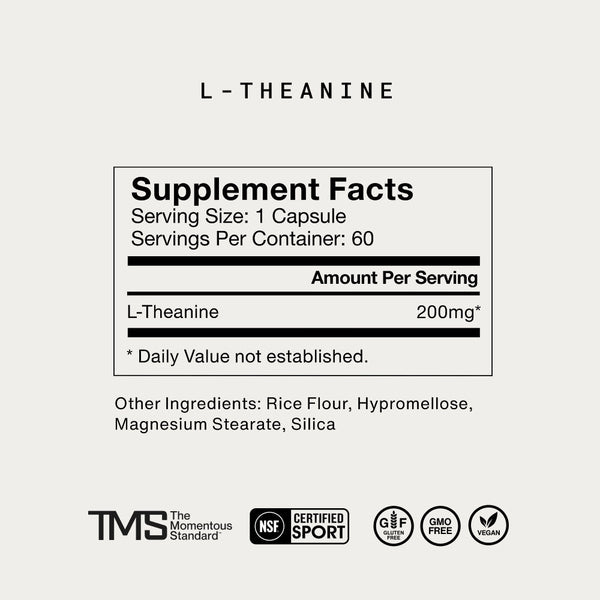 Supplement facts label for L-Theanine with 200mg per capsule, including rice flour and other ingredients, highlighting certifications for gluten-free, vegan, and non-GMO as part of Complete Sleep Stack.