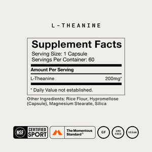 L-Theanine supplement facts label showing 200mg per capsule and 60 servings per container with NSF Certified Sport GMO free and vegan seals