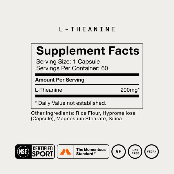 L-Theanine supplement facts label showing 200mg per capsule and 60 servings per container with NSF Certified Sport GMO free and vegan seals