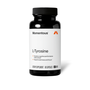 Tyrosine bottle with a black cap and white label featuring the words L Tyrosine and 60 capsules