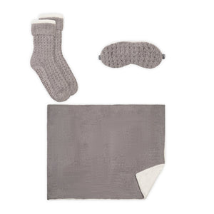 3pc Women's Sherpa Lined Cozy Waffle Set | Lemon featuring soft waffle-textured socks, an eye mask, and a plush blanket in a calming grey color for ultimate relaxation and comfort.