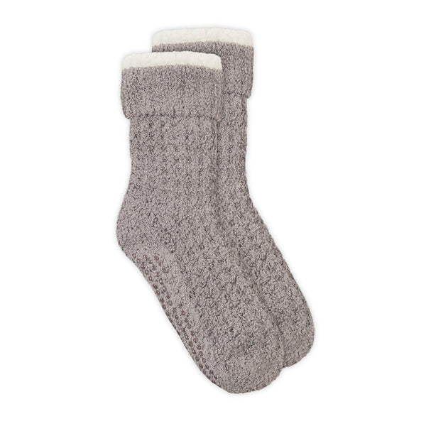 Pair of cozy textured gray socks with a soft white sherpa lining, perfect for relaxation and comfort as part of the 3pc Women's Sherpa Lined Cozy Waffle Set | Lemon.
